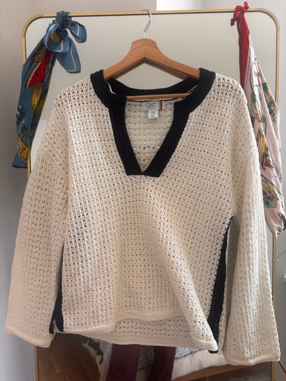 C&C California Cream Open-Knit Sweater with Navy Blue Trim